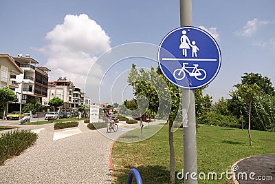 Turkey.Manavgat-June 2018. Cyclist & pedestrian road sign. Traffic in town. Editorial Stock Photo