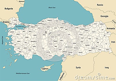 Turkey provinces and districts vector map with neighbouring countries and territories Vector Illustration