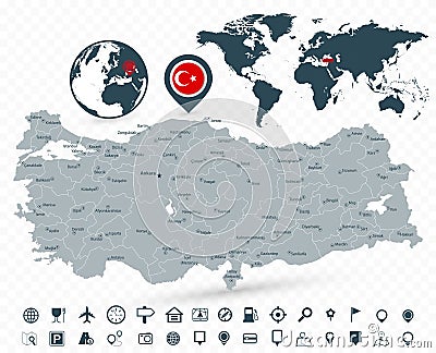 Turkey Map and World Map isolated on transparent background Vector Illustration