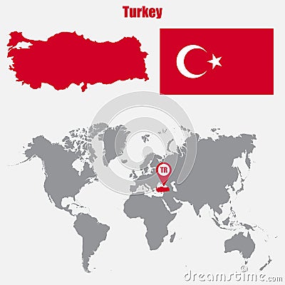 Turkey map on a world map with flag and map pointer. Vector illustration Vector Illustration