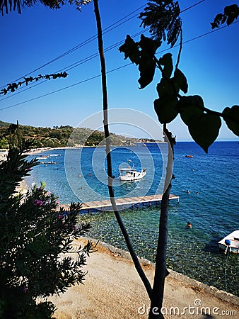Turkey, Mazikoy beach view in Bodrum, View from cafe, beautiful Aegean sea view in Mazi village, Bodrum, Mugla, (ancient Stock Photo