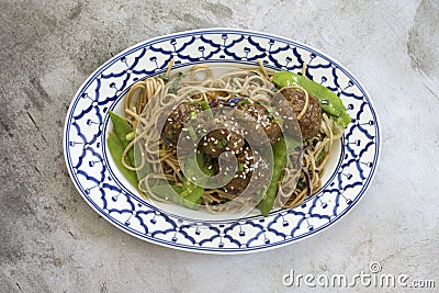 Turkey Quinoa Meatballs with Soba Noodles Stock Photo