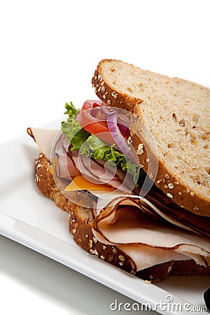 Turkey sandwich on whole grain bread Stock Photo