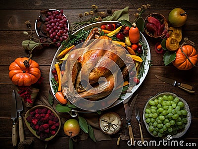 A turkey sitting on a platter surrounded by fruits and vegetables. AI generative image Stock Photo