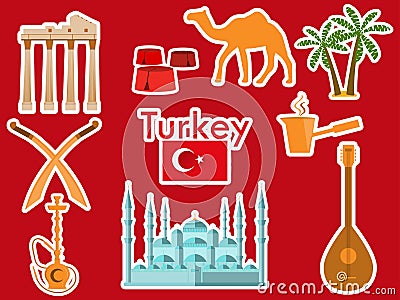 Turkey stickers. Turkish symbols: The Blue Mosque, the Agora, the Turkish hat, shisha, camel, scimitar, guitar. Vector Illustration