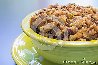 Turkey Stuffing in Green Bowl Closeup Stock Photo