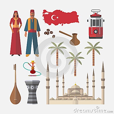 Turkey travel icon. Set of architecture, people, items. Vector Illustration