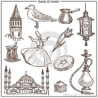 Turkey travel symbols and vector sketch landmarks Vector Illustration