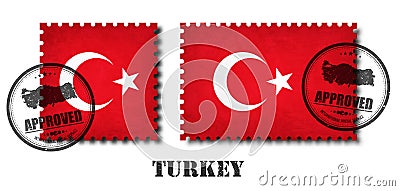 Turkey or turkish flag pattern postage stamp with grunge old scratch texture and affix a seal on isolated background . Black color Vector Illustration