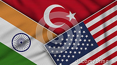 Turkey United States of America India Flags Together Fabric Texture Illustration Stock Photo