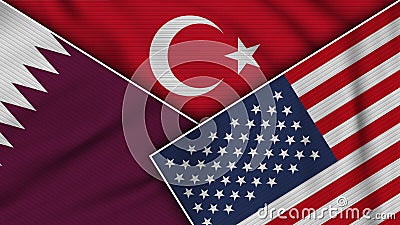 Turkey United States of America Qatar Flags Together Fabric Texture Illustration Stock Photo