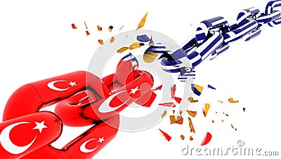 Turkey vs greece greek crisis war broken chain - 3d rendering Stock Photo