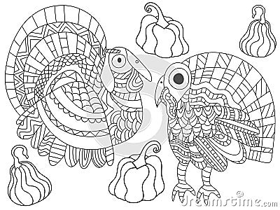 Two turkey birds and four pumpkins coloring page stock vector illustration Vector Illustration