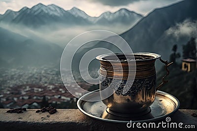 turkih coffee in metal cup, with view of misty mountain range Stock Photo