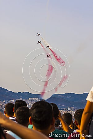 Turkish acrobatic aviation squadron flying over Izmir Turkey Editorial Stock Photo