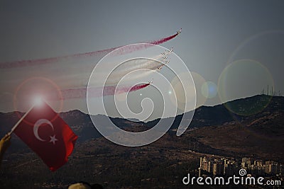 Turkish acrobatic aviation squadron flying over Izmir Turkey Editorial Stock Photo