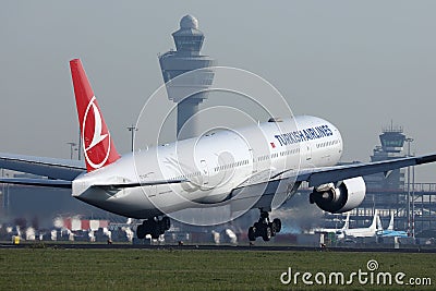 Turkish Airline plane landing at Amsterdam Airport, AMS Editorial Stock Photo