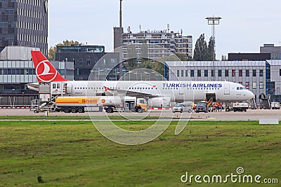 Turkish Airlines plane being refueled Editorial Stock Photo