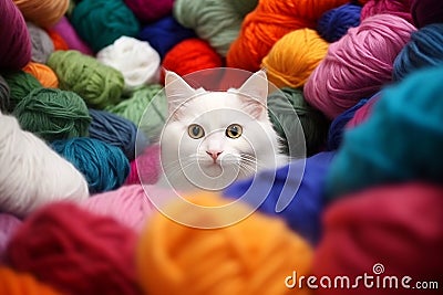 Turkish Angora cat hiding in multicolored balls yarn balls. Little curious kitten looking at the camera Stock Photo