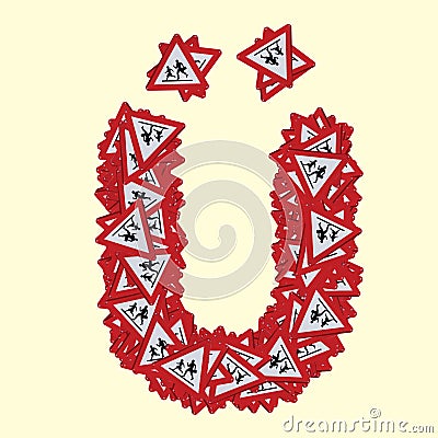 Turkish and Azerbaijani fonts with pedestrian danger sign. Red triangle safety traffic sign Stock Photo