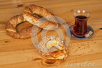 Turkish Bagel (Simit) and ay coregi with traditional Turkish tea Stock Photo