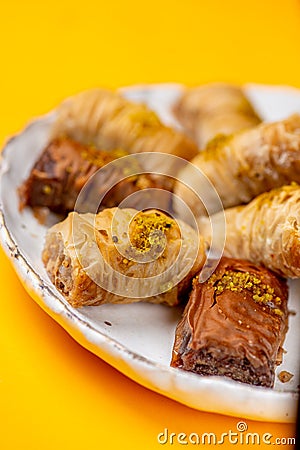 Turkish baklava on a plate very close. Stock Photo