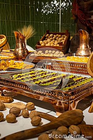 Turkish baklava. Ramadan sweets. Ramadan background. Sweet food. Smorgasbord buffet in hotel Stock Photo