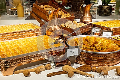 Turkish baklava. Ramadan sweets. Ramadan background. Sweet food. Smorgasbord buffet in hotel Stock Photo