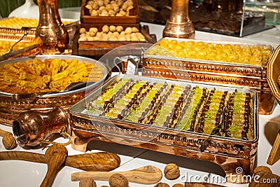 Turkish baklava. Ramadan sweets. Ramadan background. Sweet food. Smorgasbord buffet in hotel Stock Photo