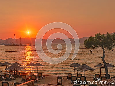 Turkish Bay Sunset Holiday Red Sun over The Water Stock Photo