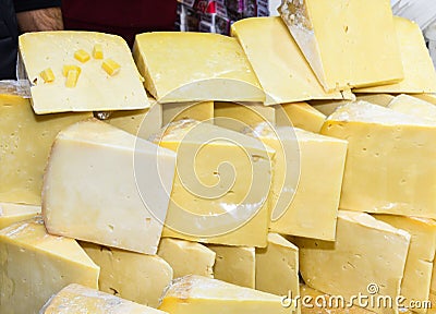 Turkish cheese: full-fat beyaz peynir,yellow kaÅŸar peynir, cecil, topi, burgu peynir, bazaar Stock Photo