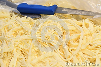 Turkish cheese: full-fat beyaz peynir,yellow kaÅŸar peynir, cecil, topi, burgu peynir, bazaar Stock Photo