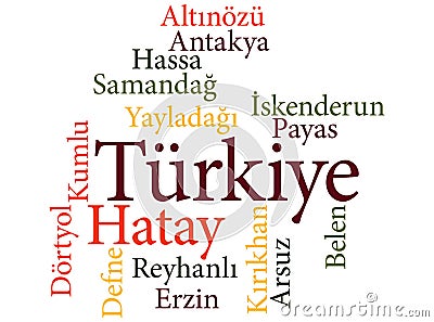 Turkish city Hatay subdivisions in word clouds Vector Illustration