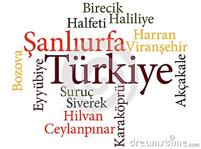 Turkish city Sanliurfa subdivisions in word clouds Vector Illustration