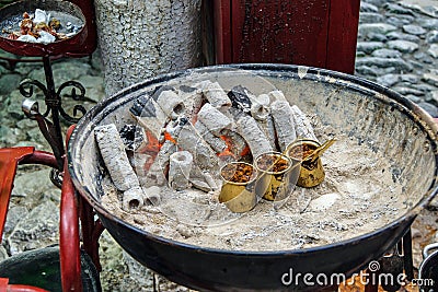 Turkish coffee brewed on charcoal Stock Photo