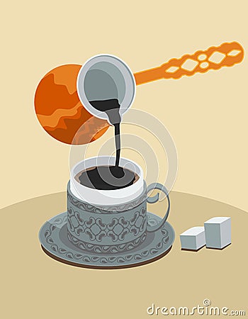 Three-Quarter Top View Pouring Turkish Coffee into Fincan Cup Vector Illustration Vector Illustration