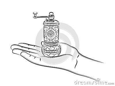 Turkish coffee grinder in hand. Small vintage manual pepper mill. Classic old-fashioned burr mill for spices Vector Illustration