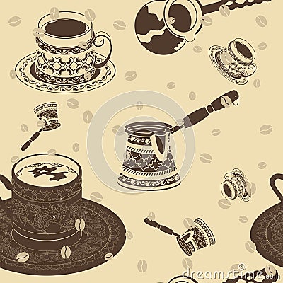 Turkish Coffee and Coffee Beans Vector Seamless Pattern Vector Illustration