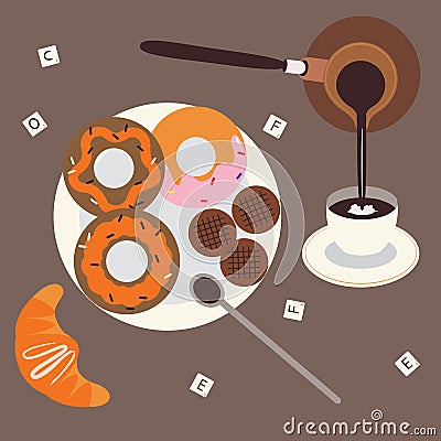 Turkish coffee and sweet breakfast Vector Illustration