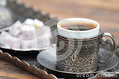 Turkish coffee with traditional cup and tray Stock Photo