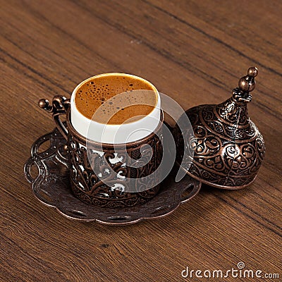 Turkish coffee and in traditional embossed metal tray and cup Stock Photo