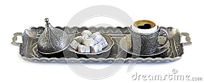 Turkish coffee and turkish delight with old traditional embossed metal cup and tray Stock Photo