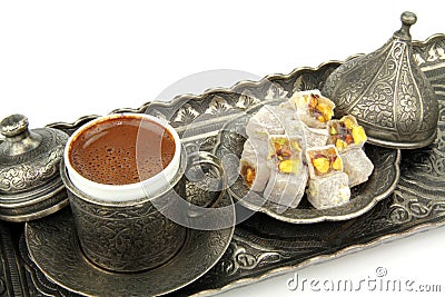 Turkish coffee and turkish delight with traditional cup and tray Stock Photo