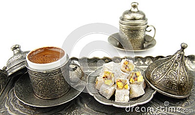 Turkish coffee and turkish delight with traditional cup and tray Stock Photo