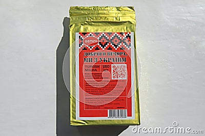 Turkish coffee in Ukrainian style. Good evening, we are from Ukraine. Patriotic packaging Editorial Stock Photo