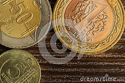 Turkish coins on a wooden background. lira from Turkey close up Stock Photo