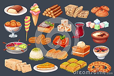 Turkish cuisine traditional dishes Vector Illustration