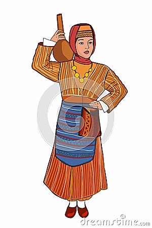 Turkish culture woman wearing traditional clothes illustration drawing .folklore Cartoon Illustration