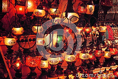 Turkish decorative lamps on Grand Market Bazaar at Istanbul,Turkey Stock Photo