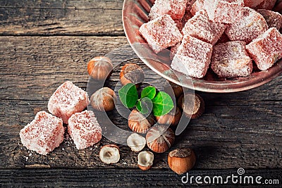 Turkish Delight, eastern delicacy with hazelnuts Stock Photo